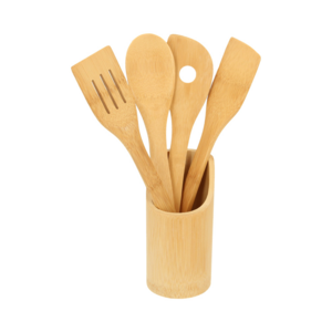 HO-097, Set de bambú para cocina que incluye base, cuchara, cuchara con medidor de porciones, pala y volteador.