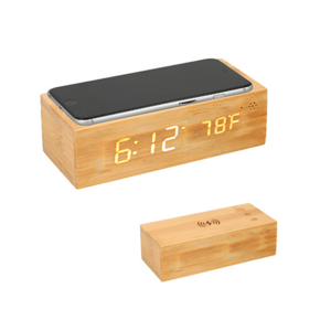 SO-118, Reloj digital de bambú con Wireless y medidor de temperatura ambiental. Incluye cargador.