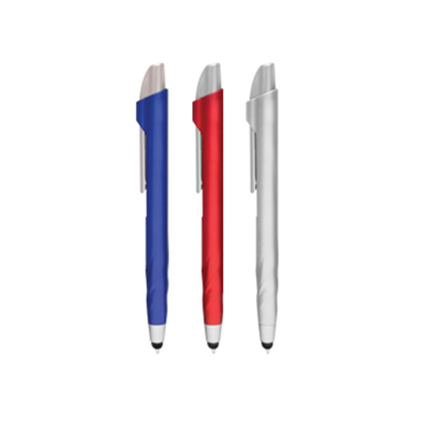 BOL013, Bolígrafo de plástico con barril en colores metálicos, cuerpo redondo y punta stylus; tinta de escritura color : negro
