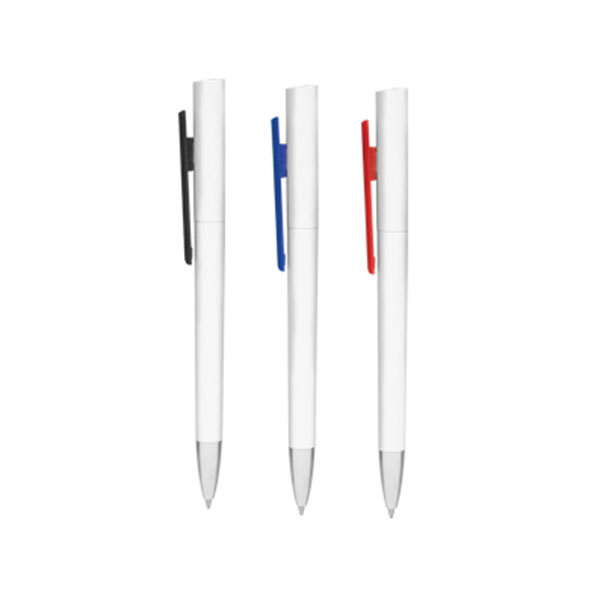 BOL014, Bolígrafo de plástico con mecanismo giratorio, barril blanco y clip rectangular en 3 colores; tinta de escritura : negro.