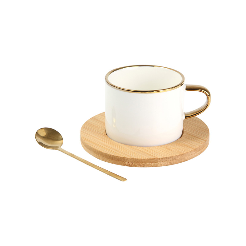 HM-125, Juego Marcelli. Juego de té, incluye taza de cerámica, plato de madera de bambú y cuchara de acero inoxidable 201. Capacidad 220 ml.