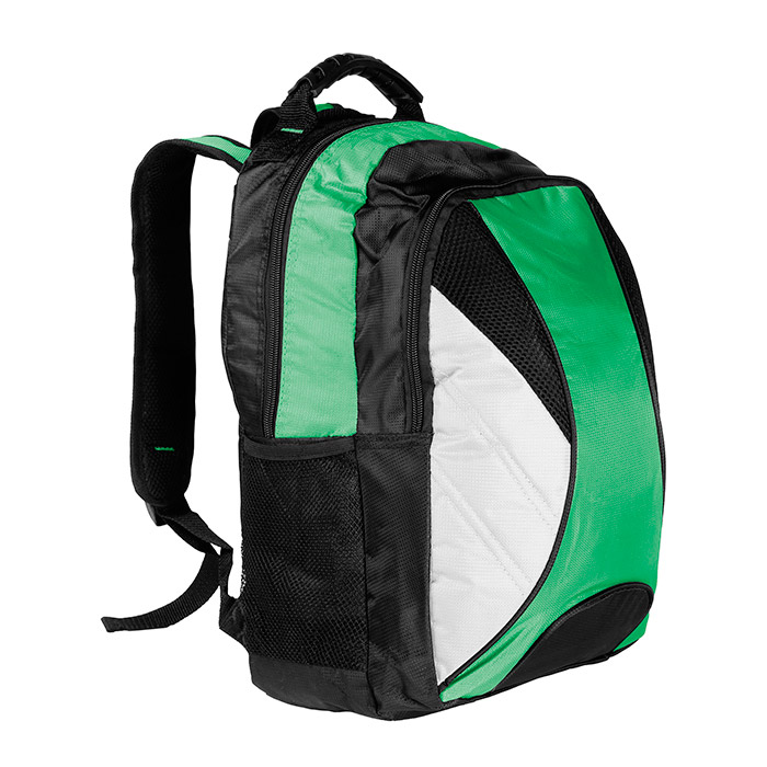 TX-024, Mochila back pack fabricada en pvc con bolsa de red a un costado, colores: azul, negro y verde