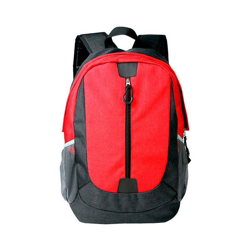 TX-075, Mochila tipo backpack fabricada en poliéster con cierre vertical y bolsas de maya a los costados.