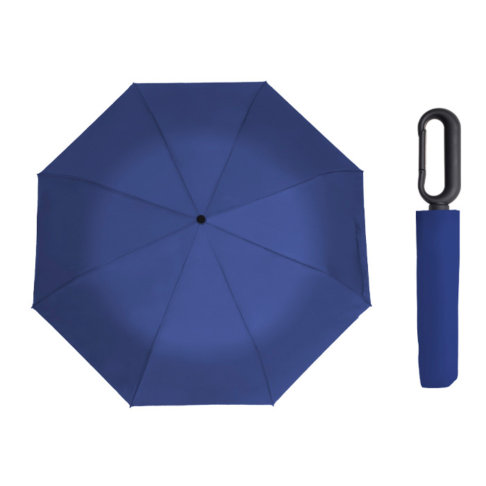 A2991, Paraguas de bolsillo de 8 gajos, con botón de sistema de apertura manual, eje de metal y varillas de fibra de vidrio, mango de plástico con gancho para colgar. Incluye funda individual.