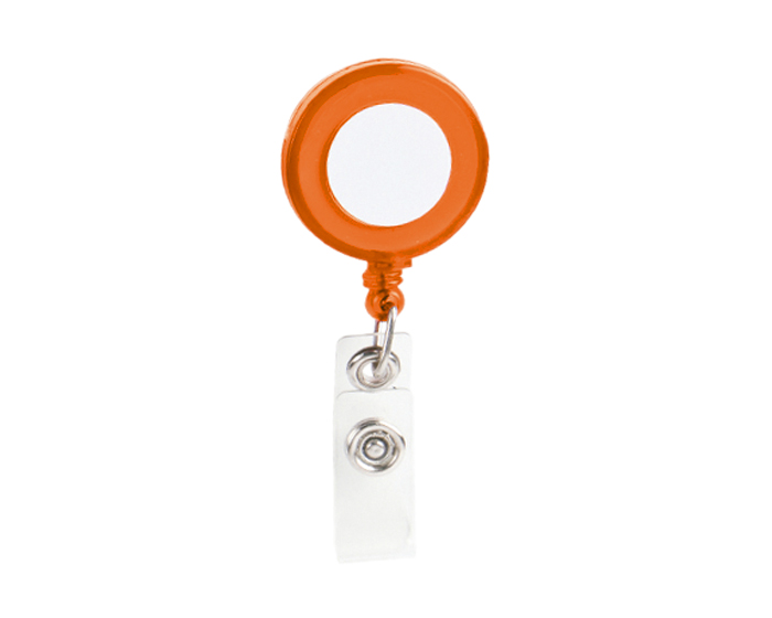 SLK05, Portagafete circular, con hilo elástico y clip posterior para sujetar a la ropa. Disponible en colores sólidos y traslúcidos.