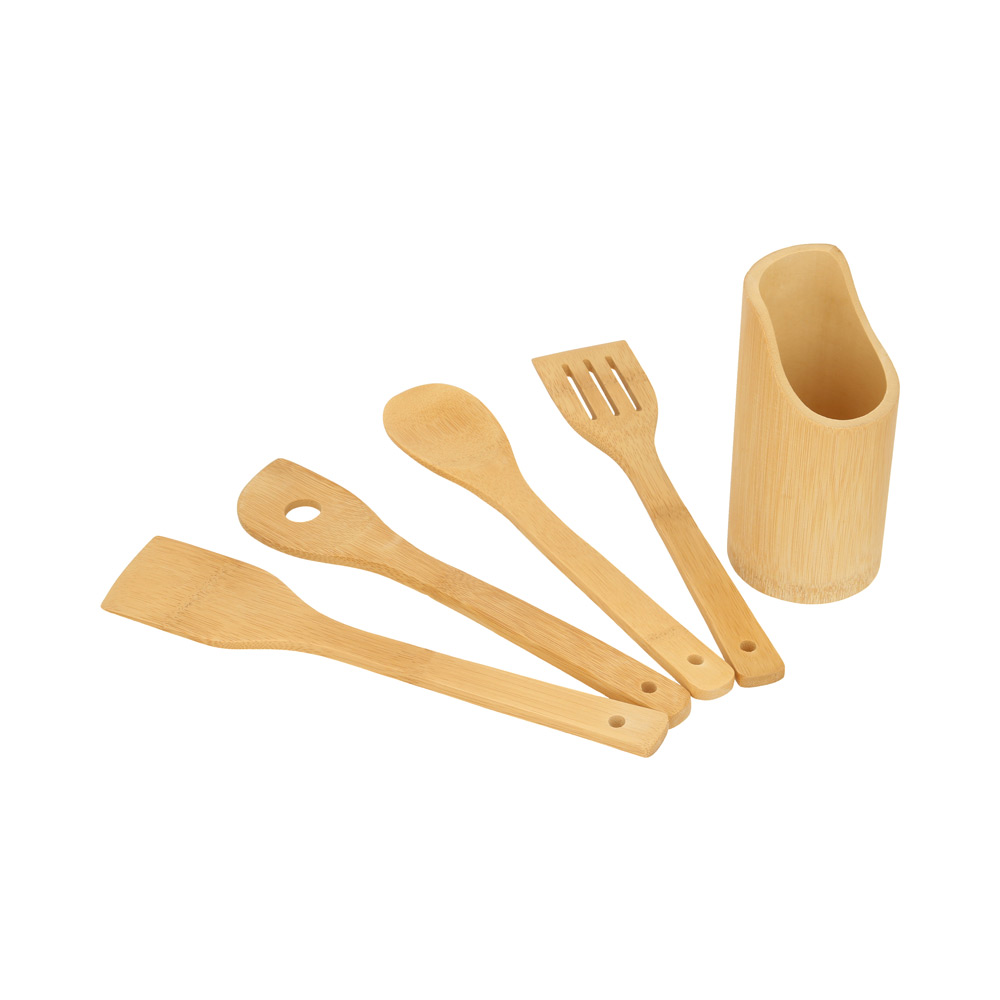 HO-097, Set de bambú para cocina que incluye base, cuchara, cuchara con medidor de porciones, pala y volteador.