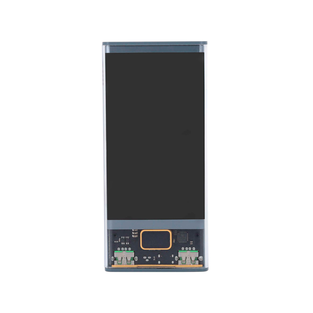 SO-123, Power Bank transparente de 10,000 mah con 2 entradas USB y 1 tipo C para carga rápida.