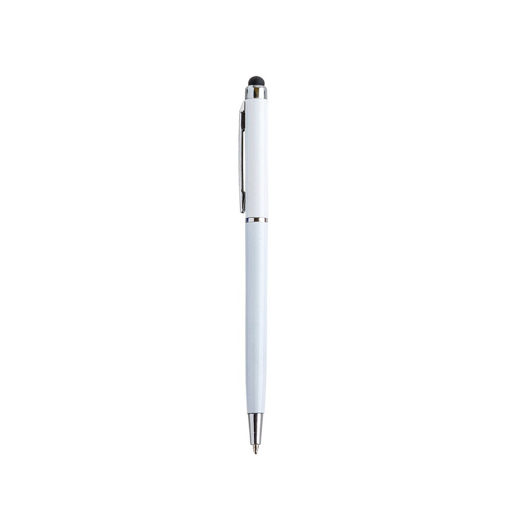bp-7113, Bolígrafo de plástico, mecanismo retráctil con apariencia metálica, clip metálico y goma touch screen.